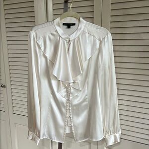 Lafayette 148 New York White Ruffled Mandarin Collar Blouse